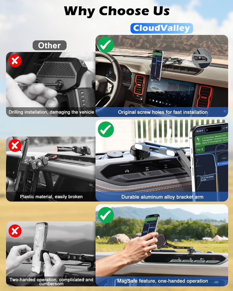 CloudValley Phone Mount for Ford Bronco 2021 2022 2023 2024 2025 2/4 Door, Strong Hold for MagSafe Compatible iPhone 17 16 15 14 13 12 Series, Adjustable 360°/180°, Easy Installation, Aluminum Alloy - Image 2